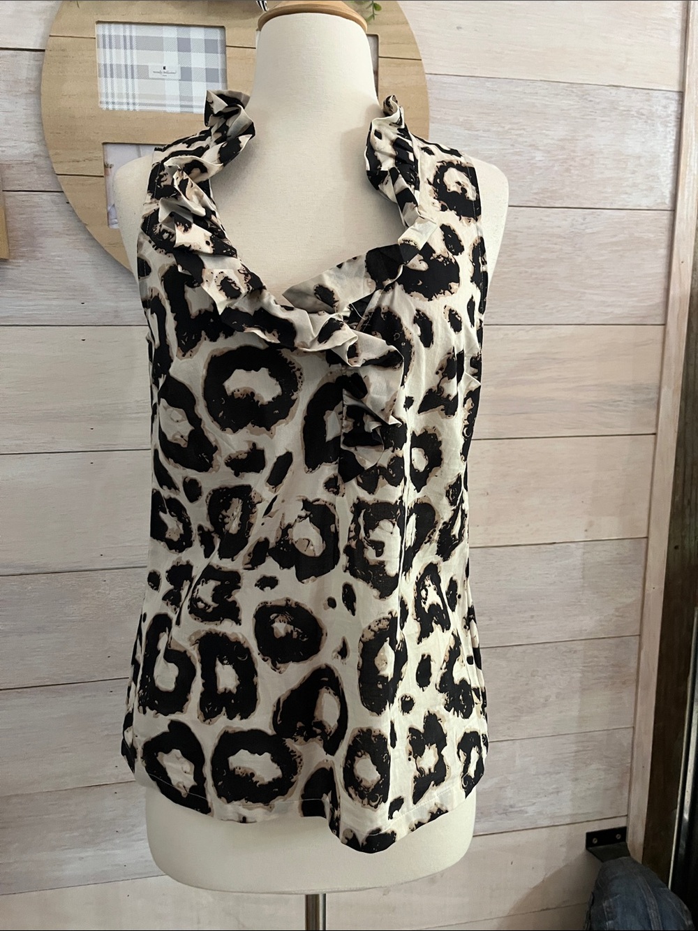 NEW Ann Taylor Ruffled V-Neck Leopard Print Camisole - Black on Cream 4
